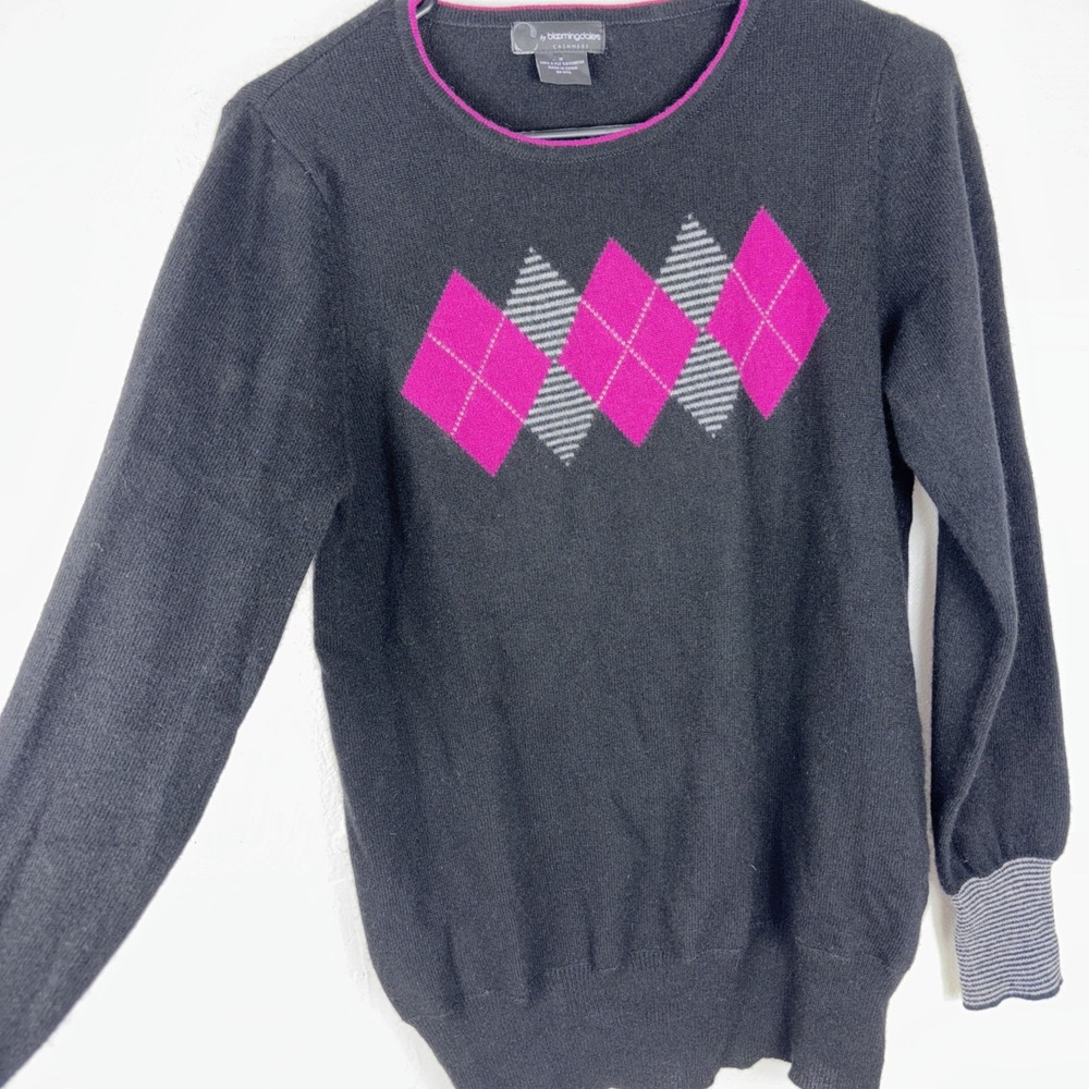 BLOOMINGDALES 100% 2 Ply Cashmere Black ‎ Argyle Crewneck Sweater M